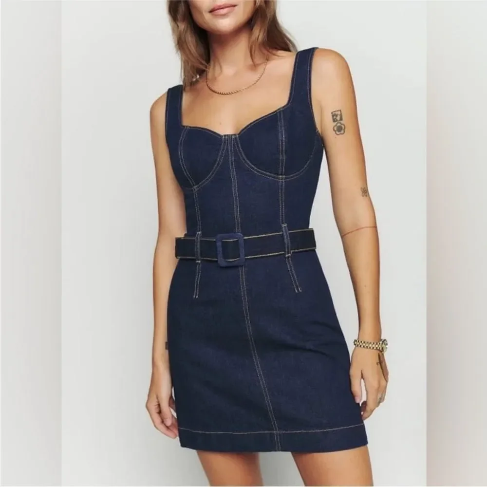 NEW Reformation Joanne Belted Denim Dress in a dark wash